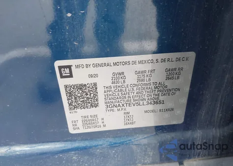 2020 Chevrolet Equinox Awd 2Fl z USA, uszkodzony, nr VIN 3GNAXTEV5LL343651